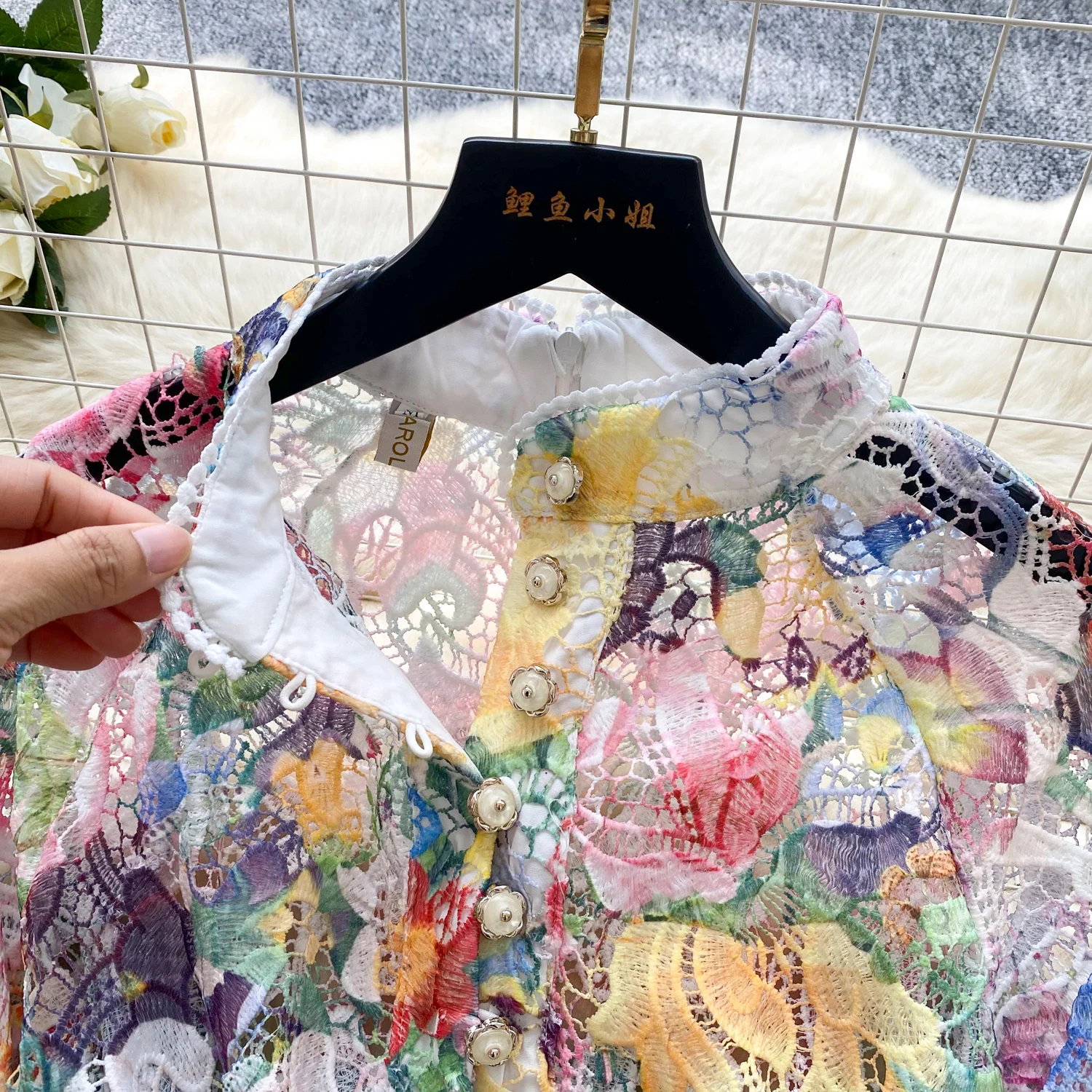 2025 French Style Elegant High-end Evening Dress Women's Tulle Cutout Crochet Print Lantern Sleeves Dress Retro Holiday Clothes