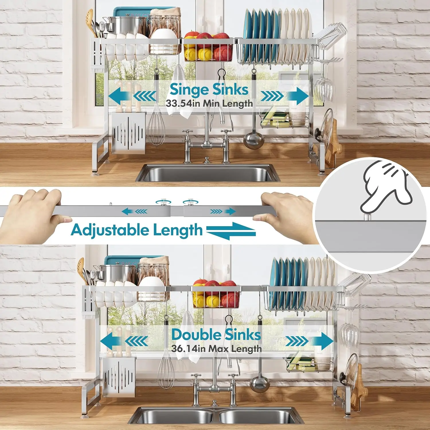 304 Stainless Steel Dish Drying Rack, expansível L, 2-Tier Dish Rack, comprimento ajustável, 33.5-36.2in