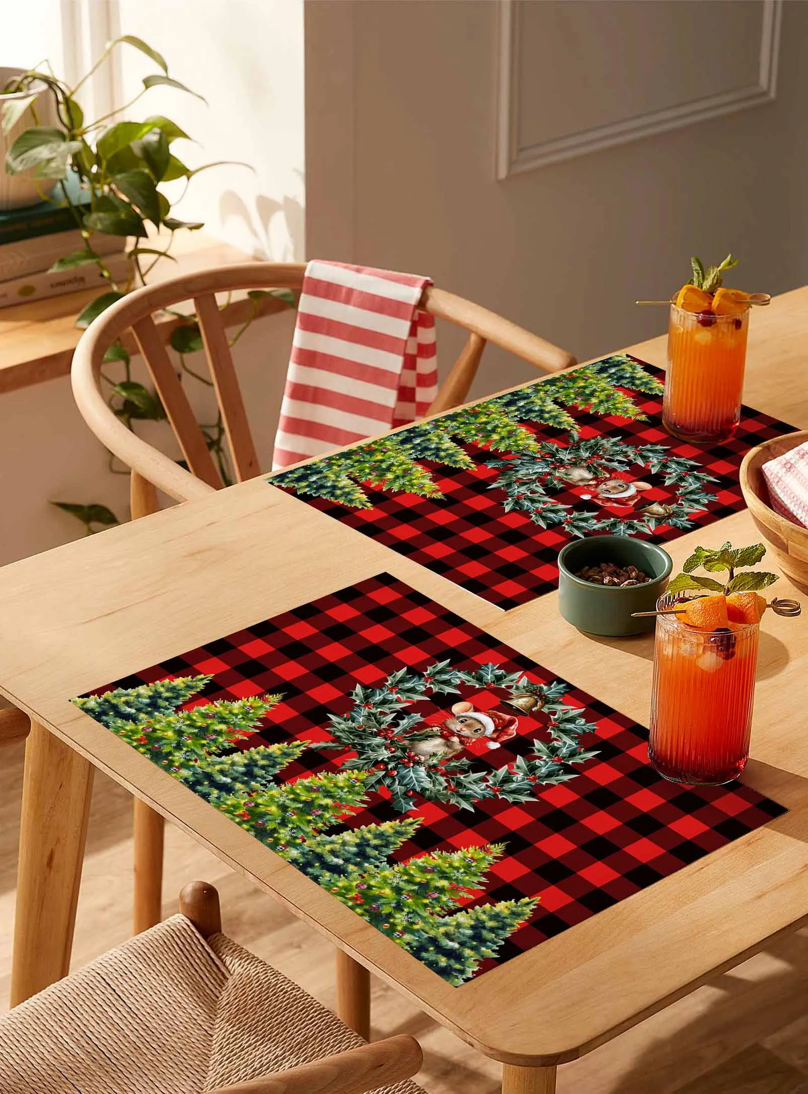 

4/6 Pcs Red-black Checkered Bell Cute Animal Placemat Wedding Party Dining Decor Linen Table Mat Kitchen Accessories