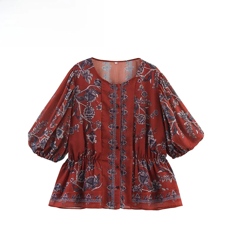 

ZBZA Spring New Women's Faion Printed round Ne Waist-Cinching irt Casual Loose Lantern Sve Polyester Fiber irt