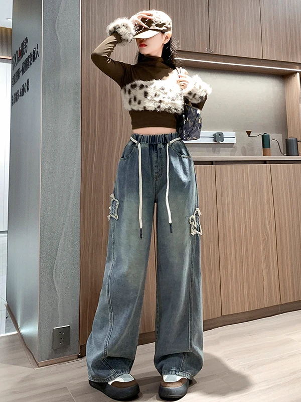 

Autumn Winter Fleece Lined Loose Fit High Waist Straight Leg Jeans Star Embroidery Slimming plus Size Women's Casual Trousers
