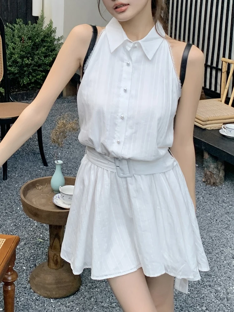 

Black White Belt Tank Dress Women Turn-Down Collar Single-Breasted High Waist Pure Cotton Mini Dress Female 2024 Summer Dresses