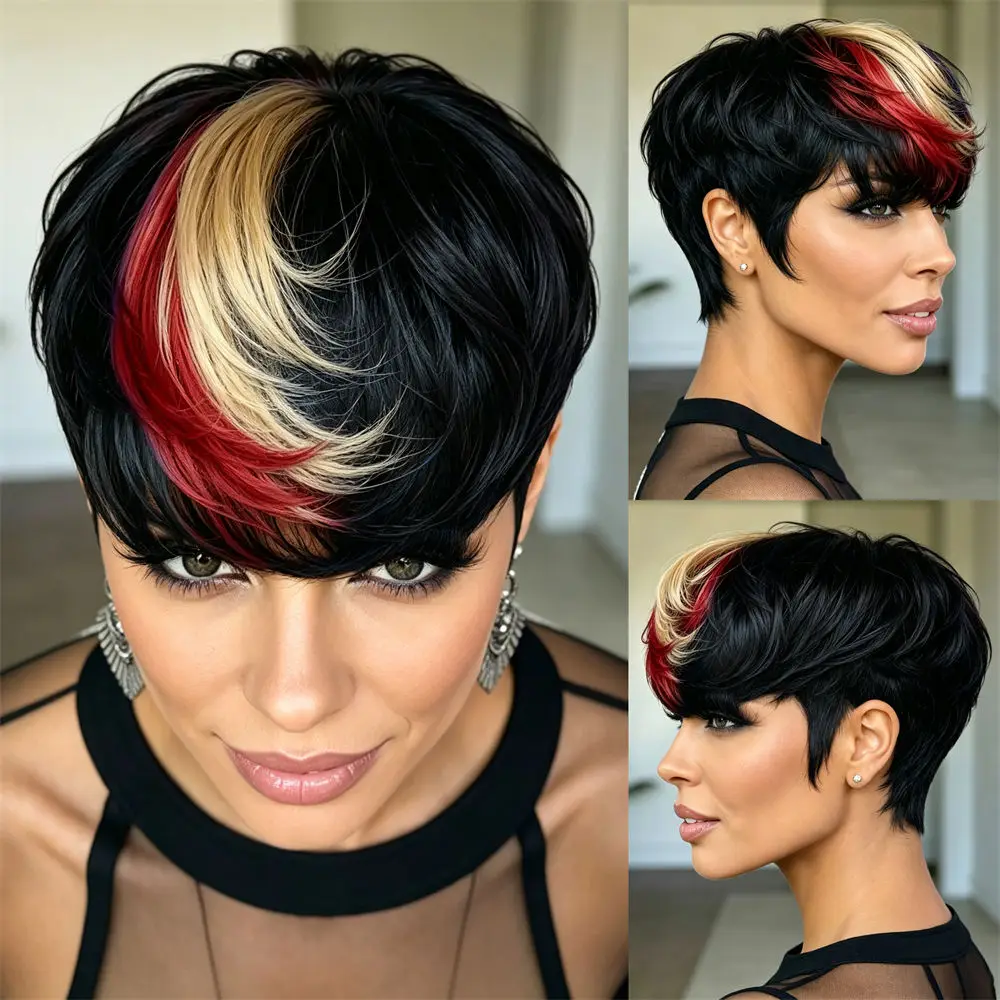 Pixie Cut Wig Human Hair Black With Blonde Blue Red Highlights Short Textured Wigs for Women Full Machine Made Natural looking