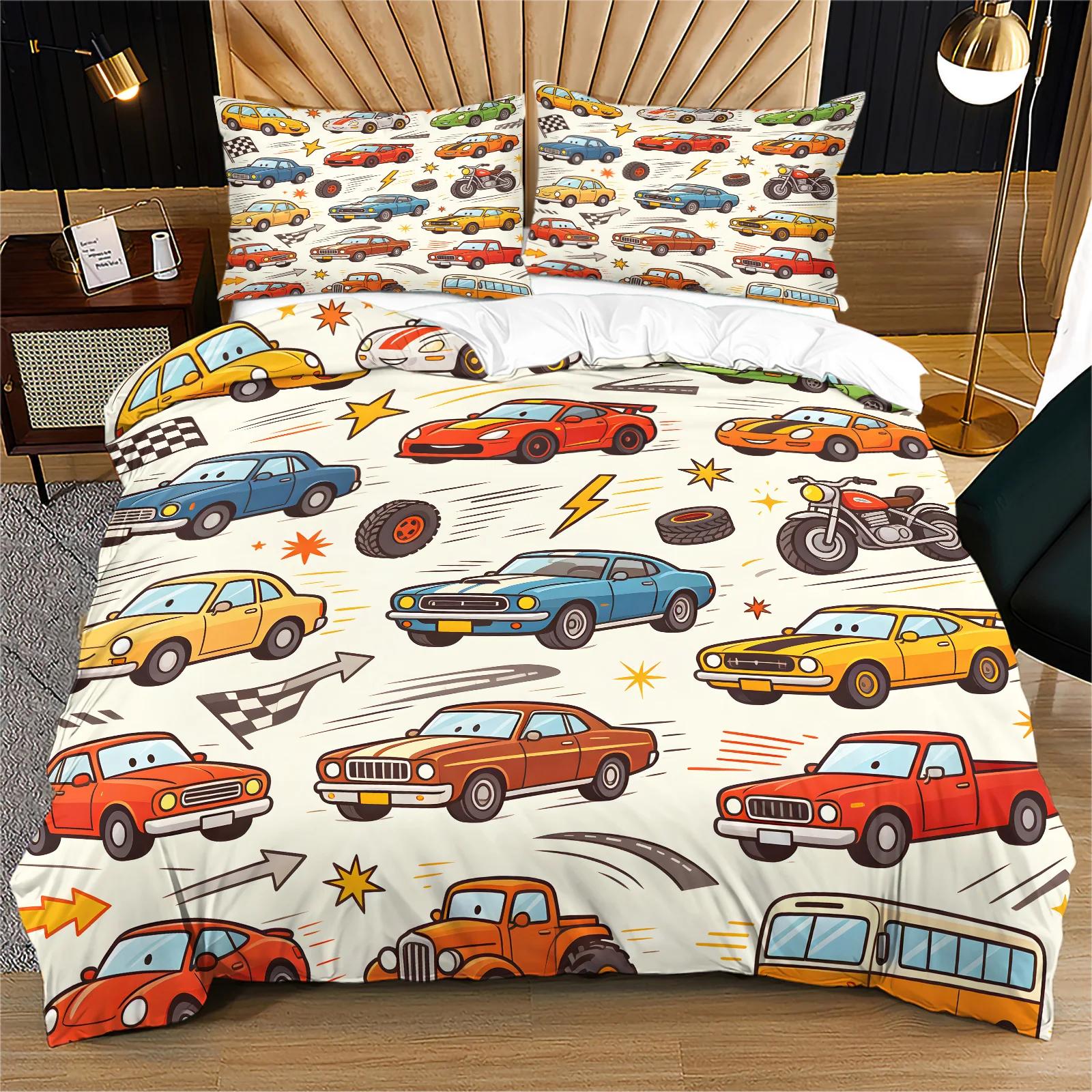 Cartoon Vintage Car Duvet Cover Set Colorful Retro Sports Car Truck Motorcycle Print Bedding Set with Pillowcase Home Bed Linen