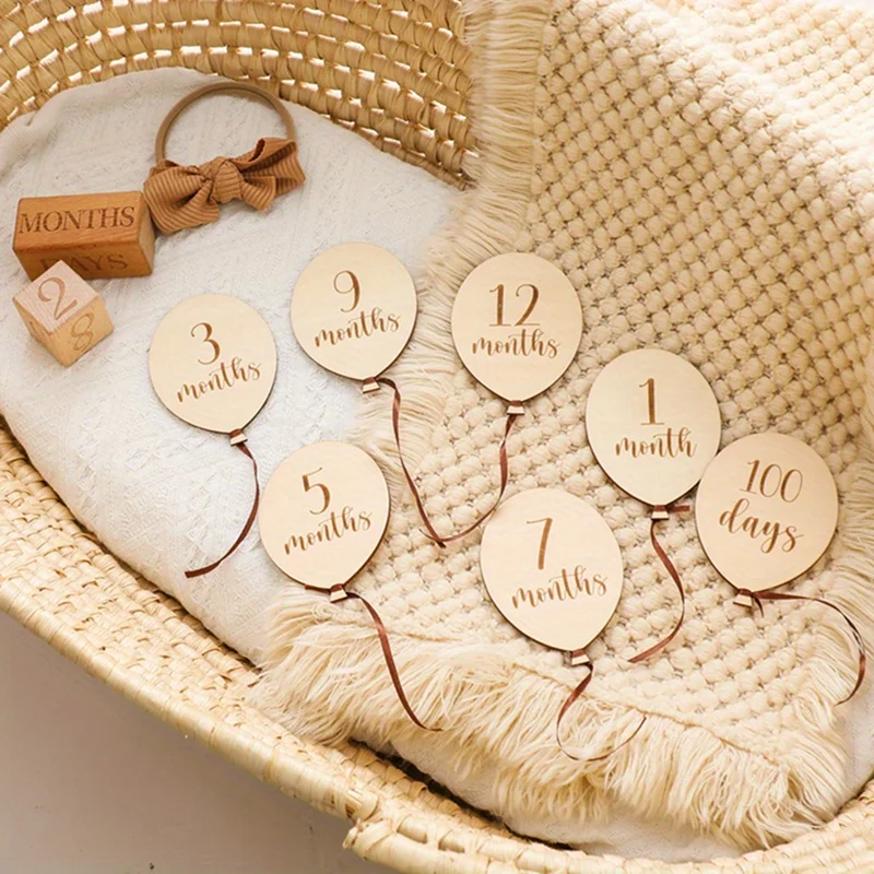 Cartes de jalon mensuelles pour bébé, signes de ballons, disques en bois, signe d'annonce pour bébé, cadeaux de réception-cadeau pour bébé, accessoires Photo pour nouveau-né