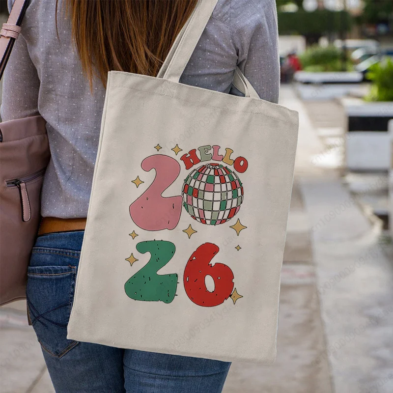 

Женская холщовая сумка через плечо с принтом «Новый год 2026», повседневная сумка-тоут для женщин, многоразовая вместительная сумка для покупок