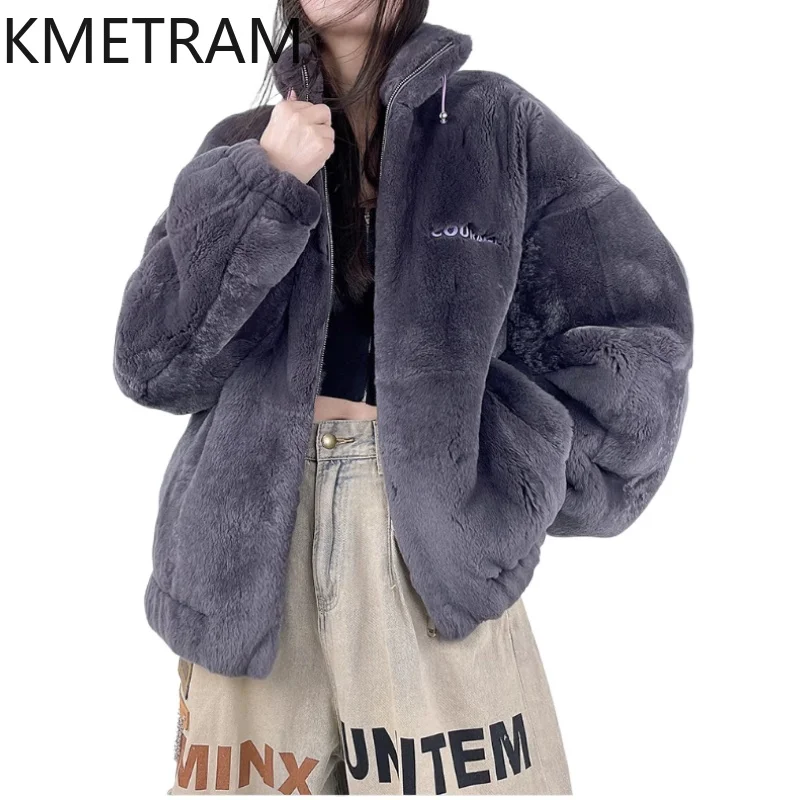 Natural Rex Rabbit Fur Coat Women Oversized Dark Gray Real Fur Coats Woman Winter Clothes 2025 Furry Jacket шуба женская