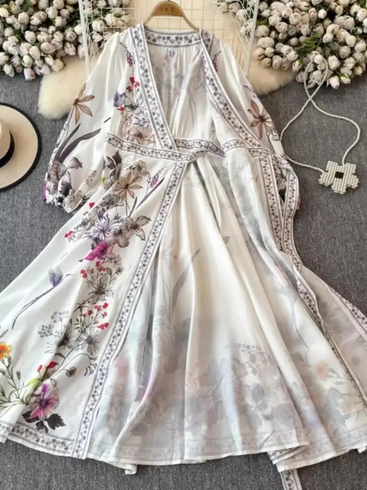 Abito da donna vintage con scollo a V incrociato manica lunga a lanterna con stampa floreale Autunno Bohemian Flower Beach A Line Belt Bandage Wrap Vestidos