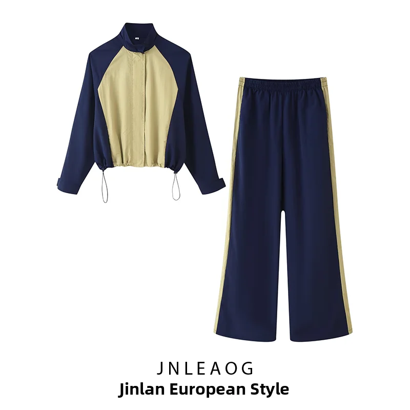 JNLEAOG Autumn New Fashion Color Block Long Sleeve Coat And Pants Set Women's Medium Length Stylish Outfit Polyester Fiber