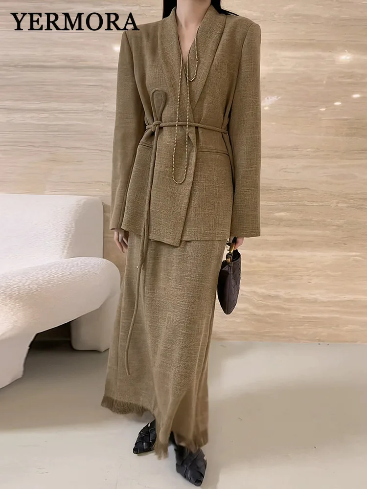 

YERMORA Women Two Pieces Set Khaki Belted Blazer Lapel Long Sleeve Loose New High Wiast Skirt Fashion Tide Srping Autumn 2025