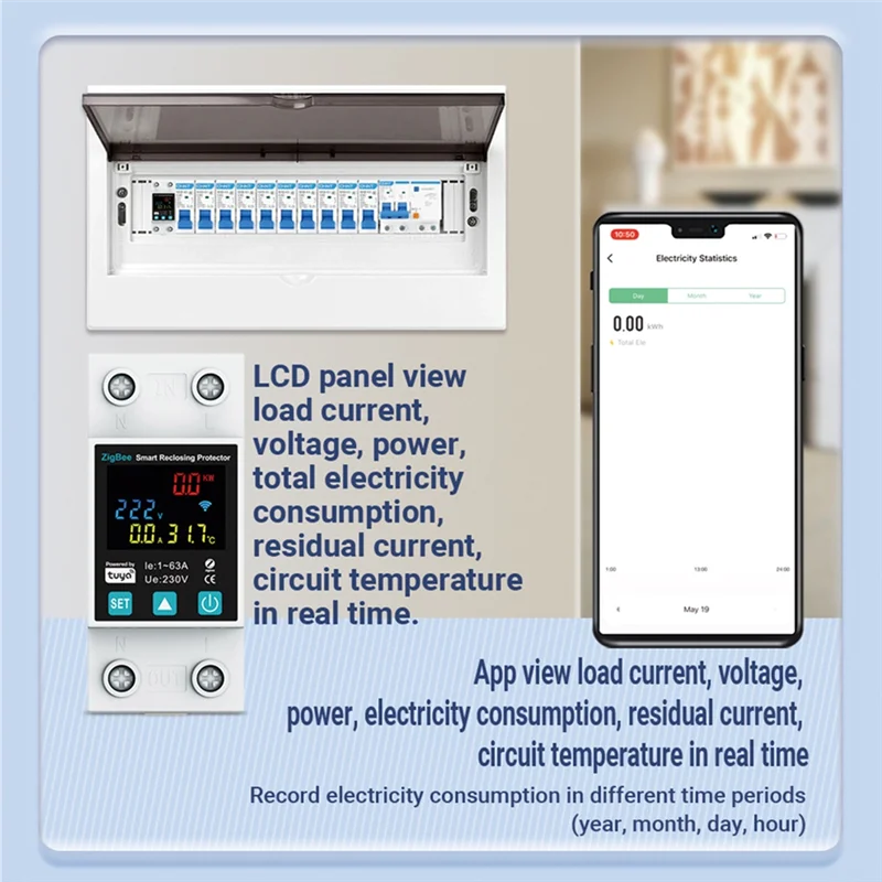 SCLS Zigbee TUYA 스마트 라이프 2P/63A 회로 차단기 누전 보호 저전압 보호 보호기 릴레이 에너지 미터
