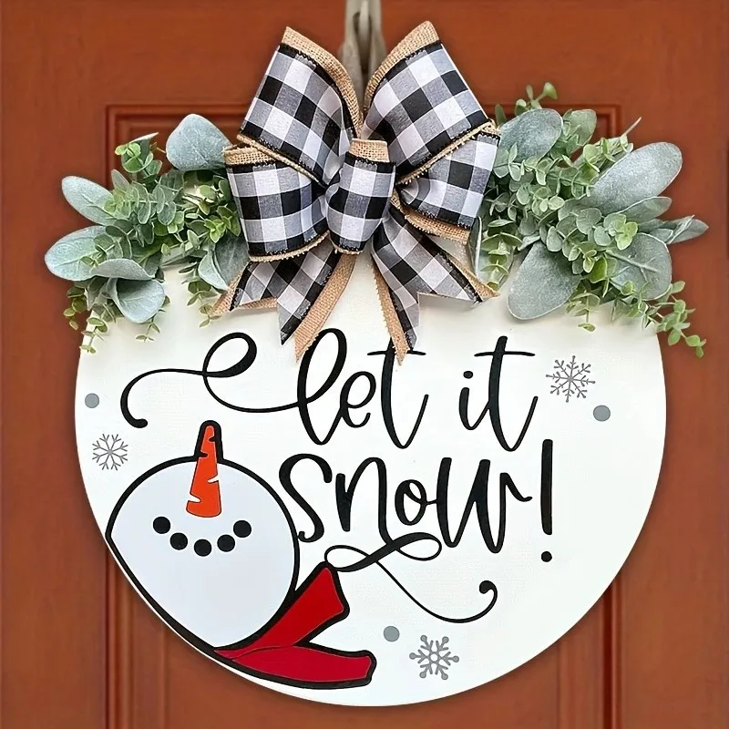 

Simulation Green Leaf Bow Snowman Snowflake Wreath Wooden Front Door Hanging Home Decorations for Winter and Other Seasons