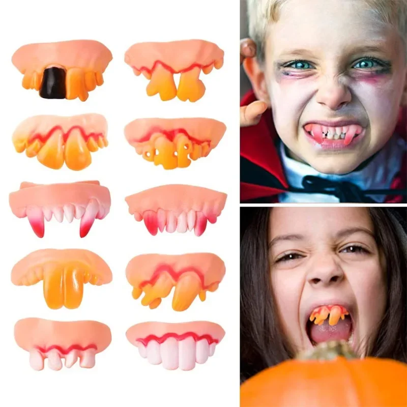 12Pcs Halloween Funny Gnarly Teeth Gag Tooth Cosplay Ugly Fake Tooth Vampire Denture Party Costume Photos Props Trick Toys