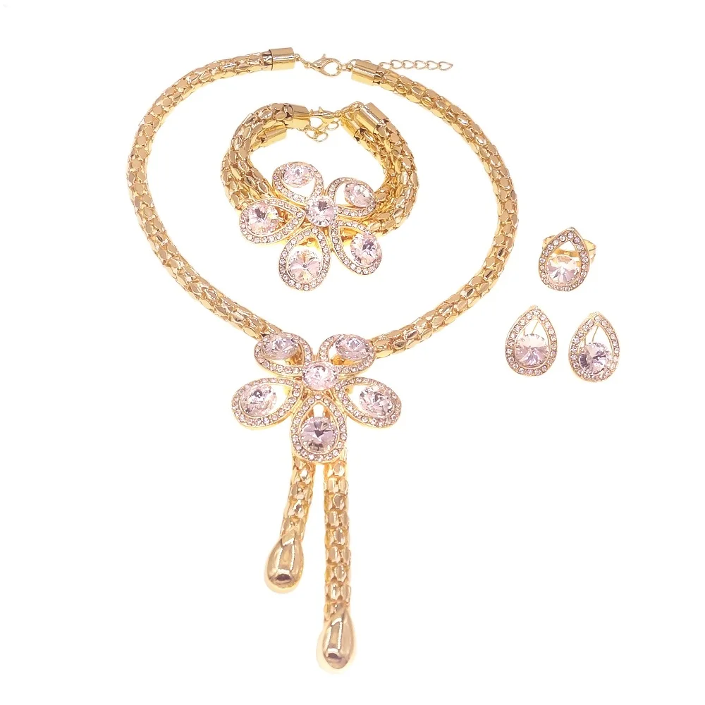 Women Jewelry Set Flower Shape Crystal Necklace Earrings Bracelet Ring Gift Party