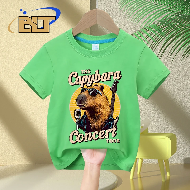 Capybara เสื้อยืดพิมพ์ลายการ์ตูนสำหรับเด็ก, เสื้อยืดลำลองแขนสั้นผ้าคอตตอนสำหรับทัวร์คอนเสิร์ตฤดูร้อนสำหรับเด็กผู้ชายและเด็กผู้หญิง