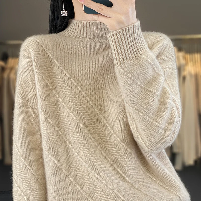 2024 New Sweater Half High Neck Pullover Casual Knitted Loose Top 100% Pure Wool Long sleeved Bottom Shirt Spring Fashion Korean