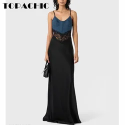 8.31 TOPACHIC-CWomen Temperament Denim Spliced Lace Suspender Long Evening Dress Sexy Strapless Sleeveless Slim Patry Maxi Dress