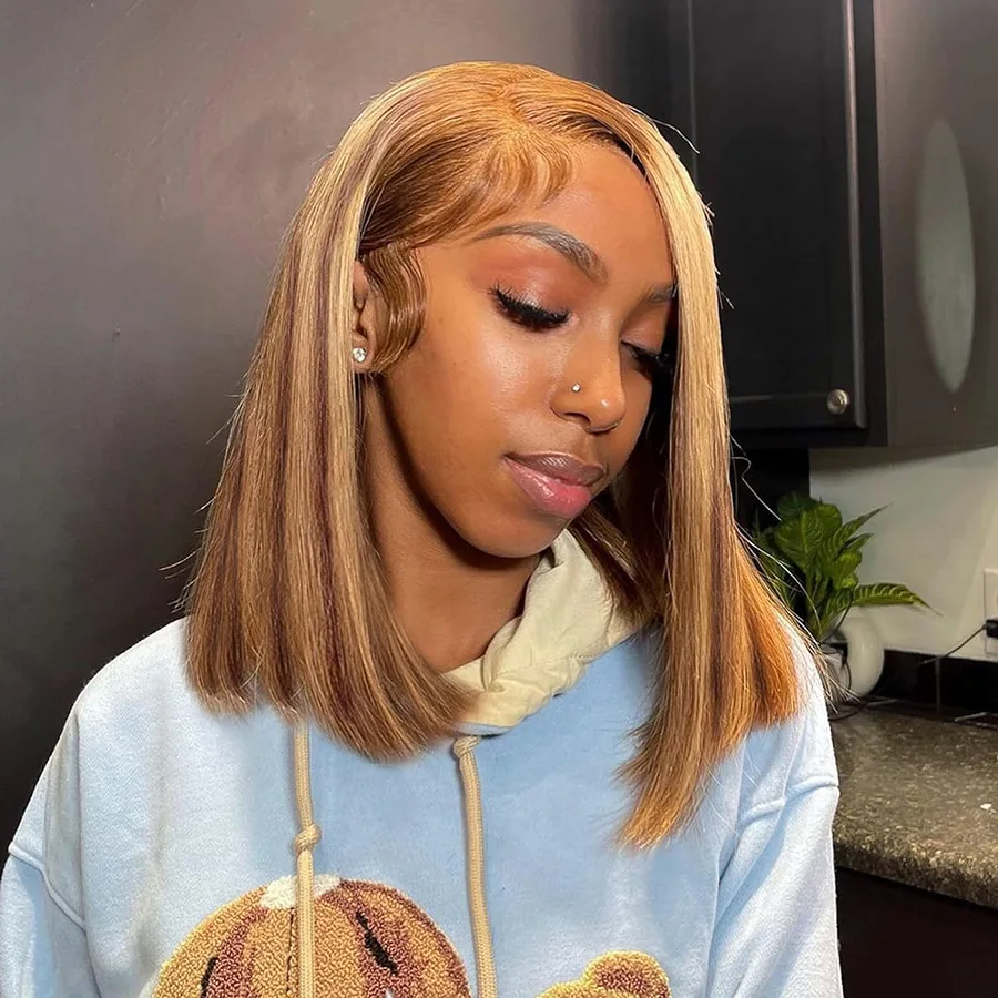 Highlight Bob Wigs Human Hair P4/27 13X4 Lace Frontal Wig Ombre Brown Honey Blonde Highlight Blunt Cut Bob Lace Frontal Wigs