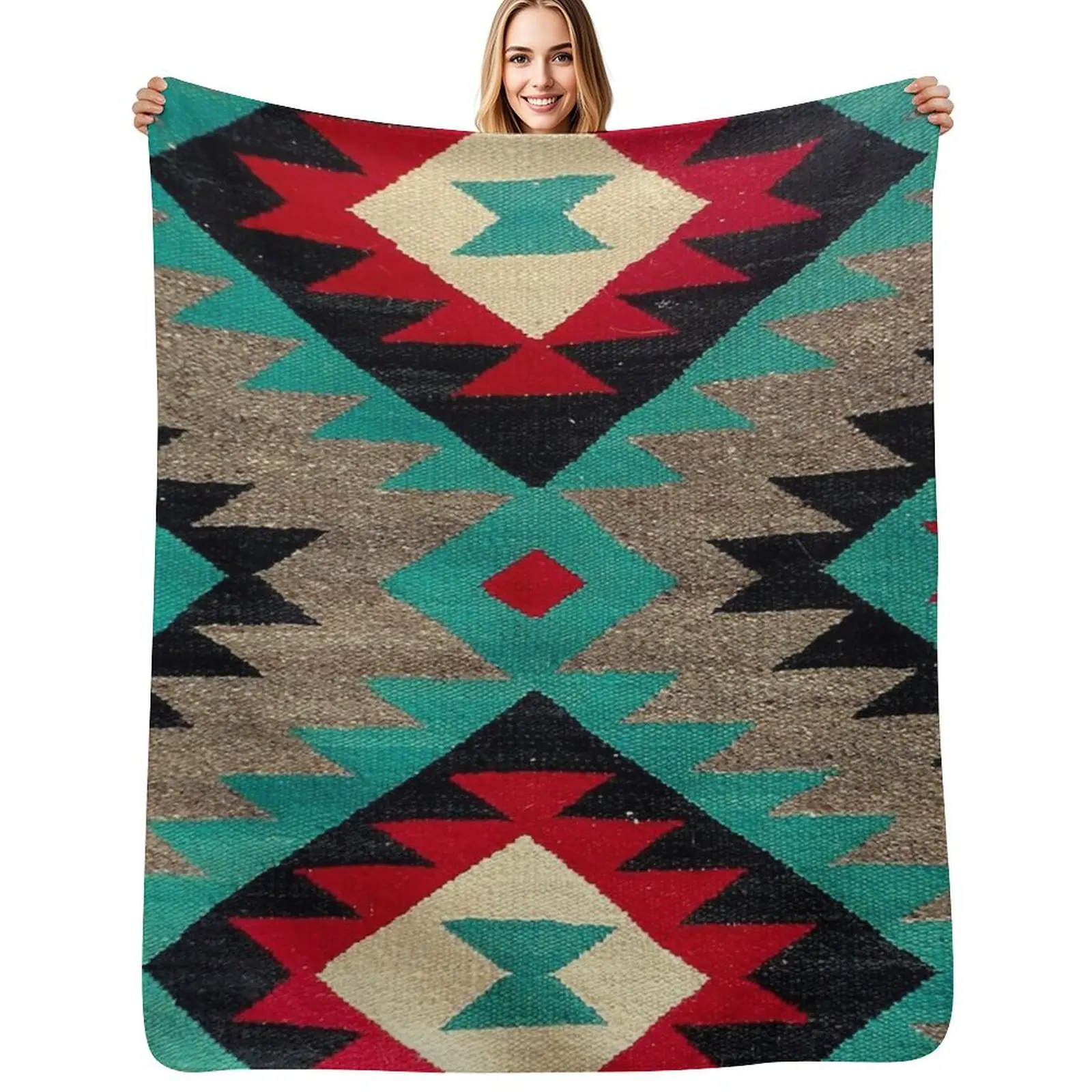 Navajo Blanket pattern, turquise, red, grey, black Throw Blanket Retros Shaggy Decoratives Luxury Camping Blankets