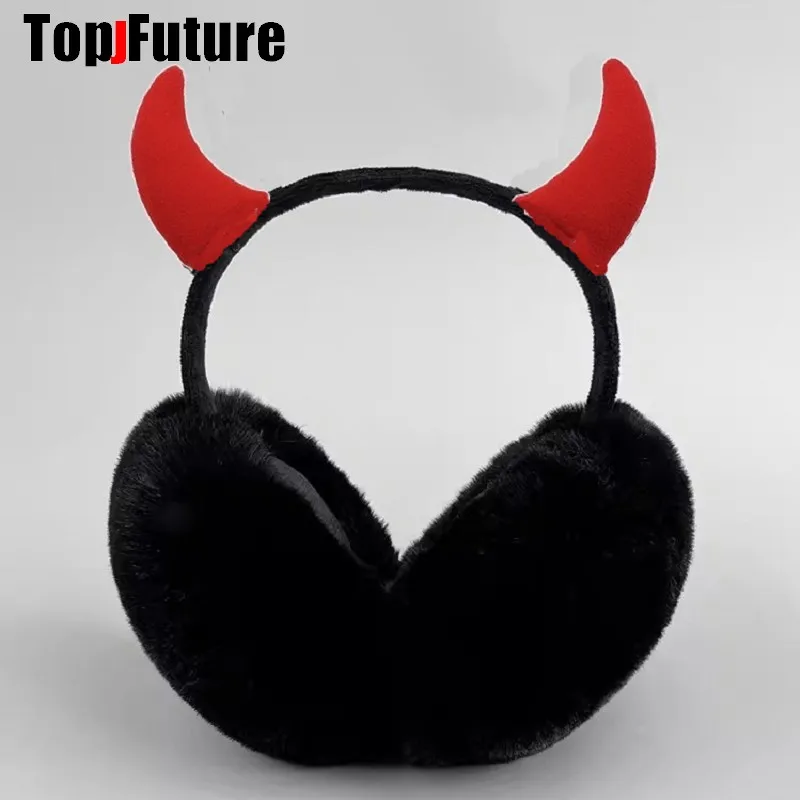 Earmuff ajustável com chifres para mulheres, aquecedor de orelhas, dobrável, gótico, presentes de Natal, meninas, inverno