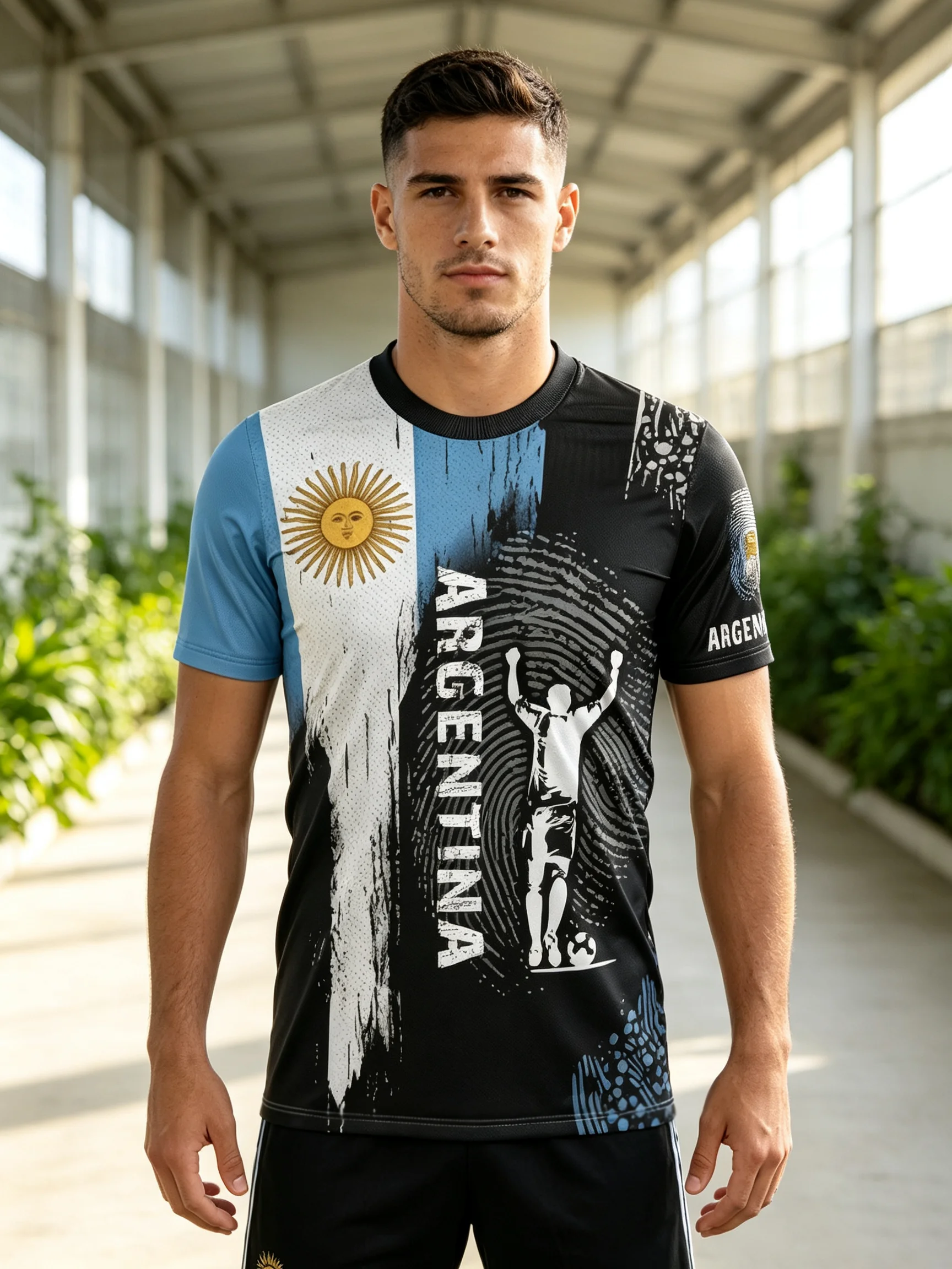 Argentina soccer jersey,brush‑stroke splice,sun emblem,champion player print,quick‑dry,multiple collar styles