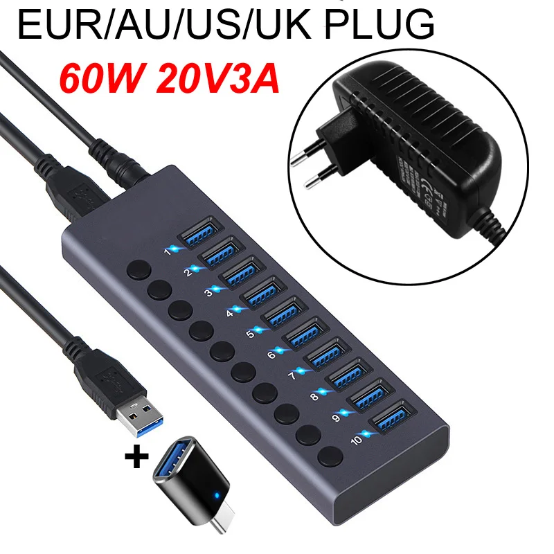 10 Ports USB 3.0 HUB Charging 5Gbps Data Transfer External Splitter Docking Station Power 60W LED Light Switch Convert Adapter