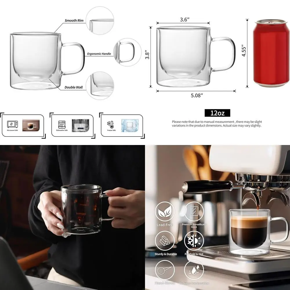 

Набор из 4 - 355 мл стеклянных кружек с двойными стенками ручной работы для горячих и холодных напитков, чая, кофе, эспрессо