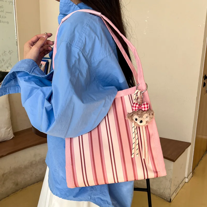 

Large-Capacity Ins-Style Canvas Bag - Striped Fresh Color-Block, Fashion Versatile, Casual Commute Shoulder Tote