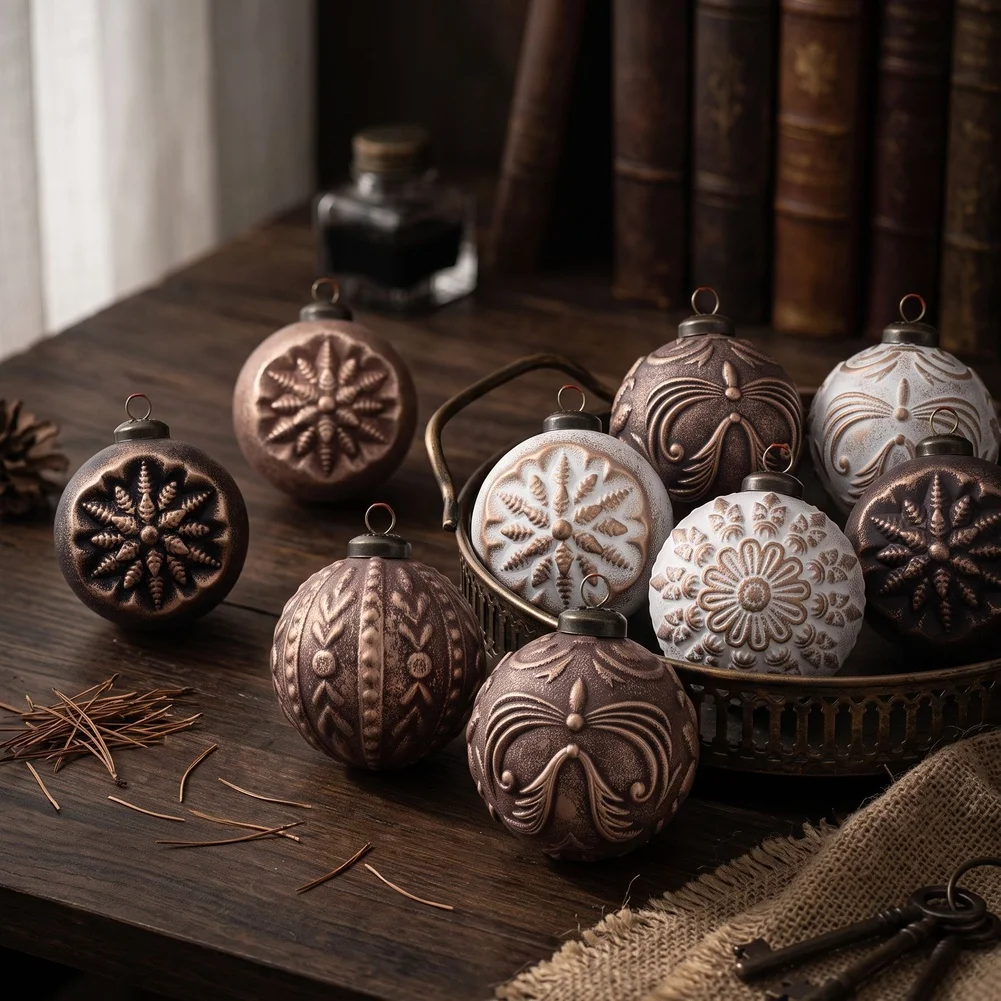 Vintage Distressed Christmas Ornaments Set 12pcs 8cm Polystyrene Baubles Copper Bronze Antique White For Retro Tree Decorations