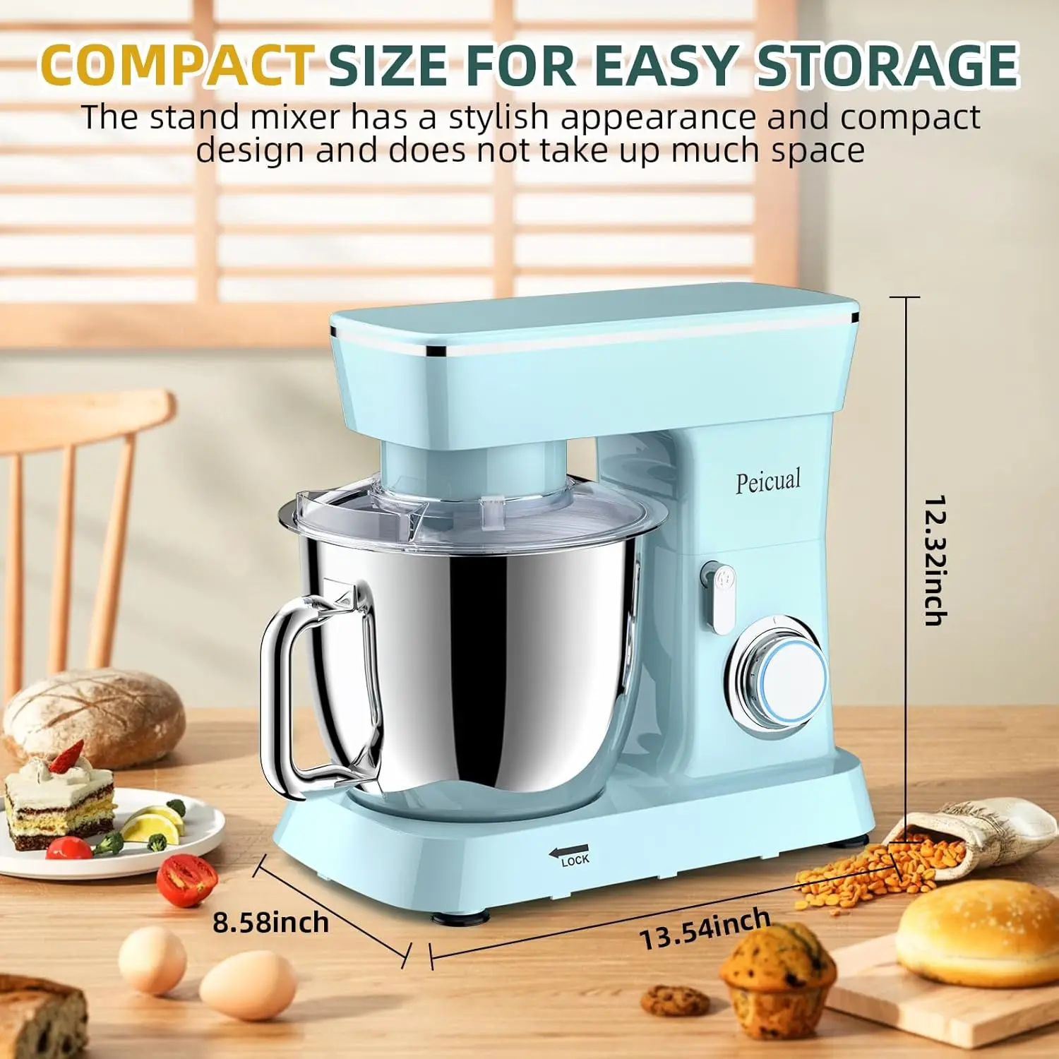 خلاط كيتشن إيد بسعة 6 لتر برأس مائل، 10 سرعات مع وعاء من الفولاذ المقاوم للصدأ وخطاف العجين ومضارب للخبز والخلط