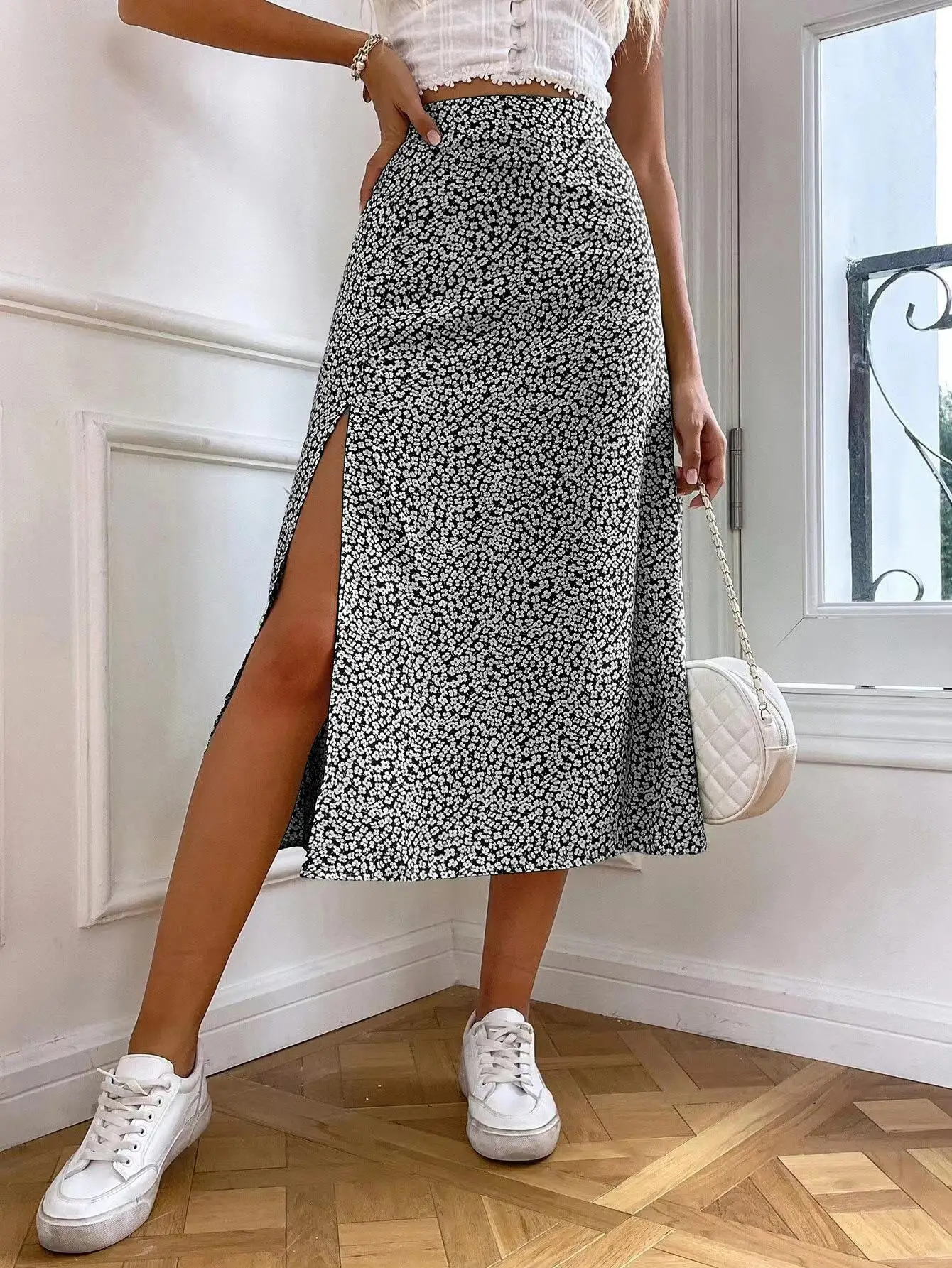2023 Autumn New European and American Floral Half Skirt Cross Border Foreign Trade Split A-line Wrap Hip Mid Waist Long D
