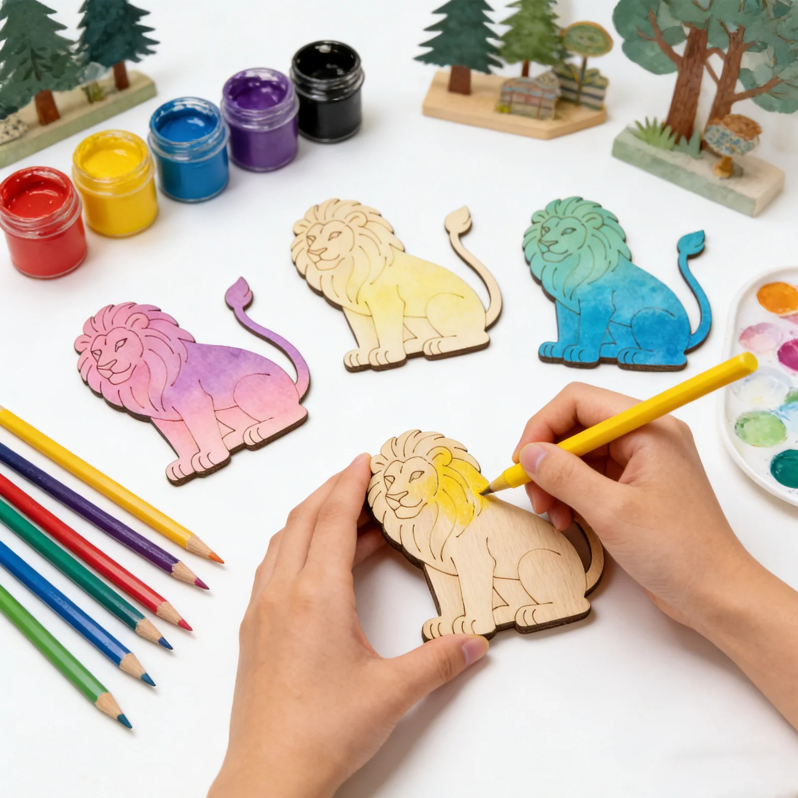 10個/セット 未完成の木製ライオン動物オーナメント、木製吊 - Art Craft Lion のレビューと価格