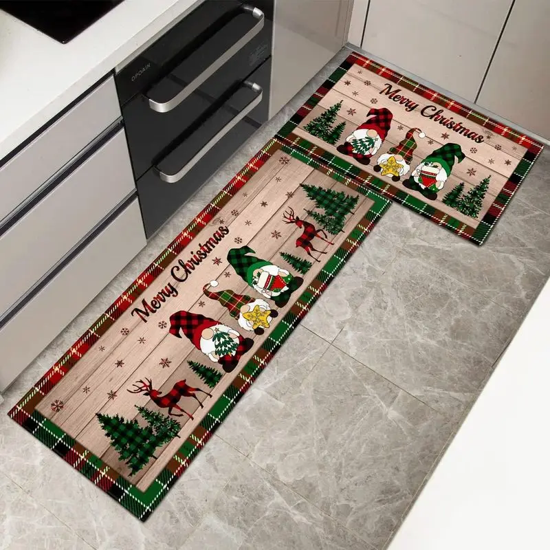 VIKAMA Merry Christmas Kitchen Rug Set Soft Wood Gnome Tree Pattern Anti Slip Mats For Kitchen Dining Room Holiday Home Decor