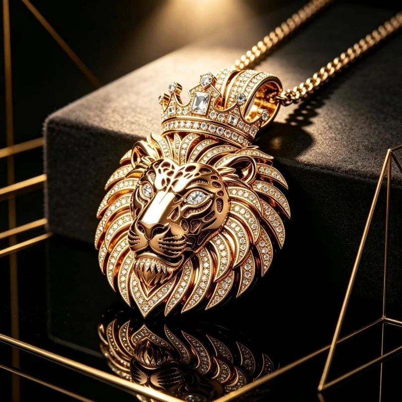 Mens S925 Sterling Silver Crowned Lion Pendant Necklace with Moissanite Punk Animal Style Jewelry Hip Hop Party Gift