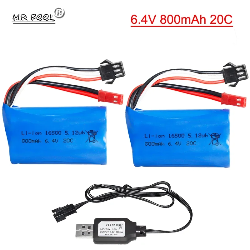 

6.4V 800mAh Lipo Battery for WLToys 18628 18629 18428 18429 RC high-speed Car Toy SM-3P reverse JST dual plug Spare Parts 6.4 V