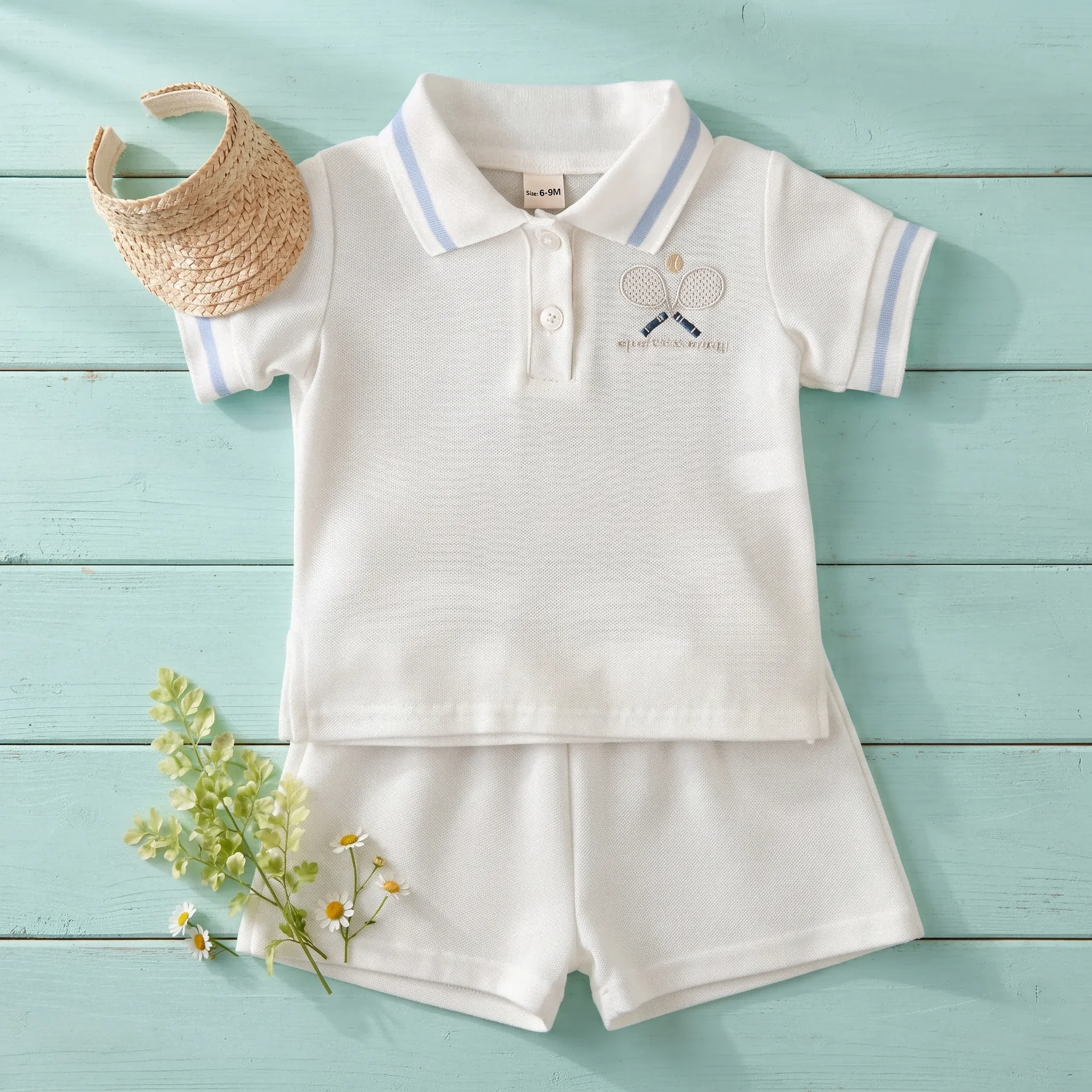 Kleinkind Baby Jungen Mädchen 2-teiliges Sommer-Tennisschläger-Set mit Stickerei, Kurzarm-Shirt und Shorts, Neugeborenen-Freizeitkleidung 0-3 Jahre – Detail 6