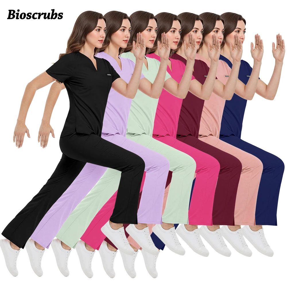 

Women Fashion V-neck Scrub Top Beauty Spa Bell-bottoms Medical Scrubs Uniform Hospital Nurse Accessories Lab Healthcare Workwear