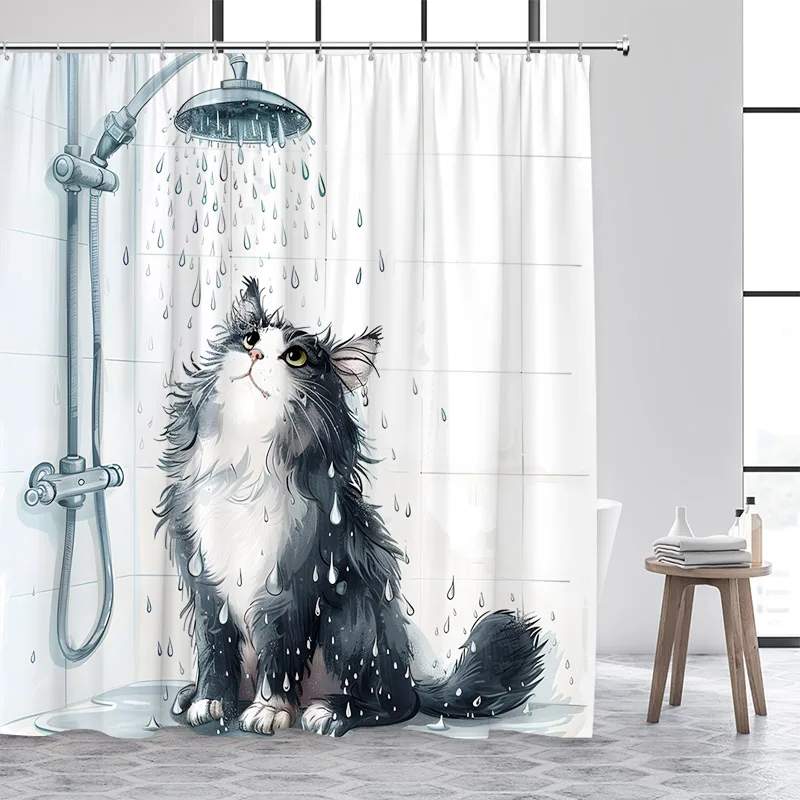 Funny Cat Riding Dinosaur Shower Curtain Cute Animal Surfboard Sea Waves Japanese Landscape Kids Bath Curtains Bathroom Decor