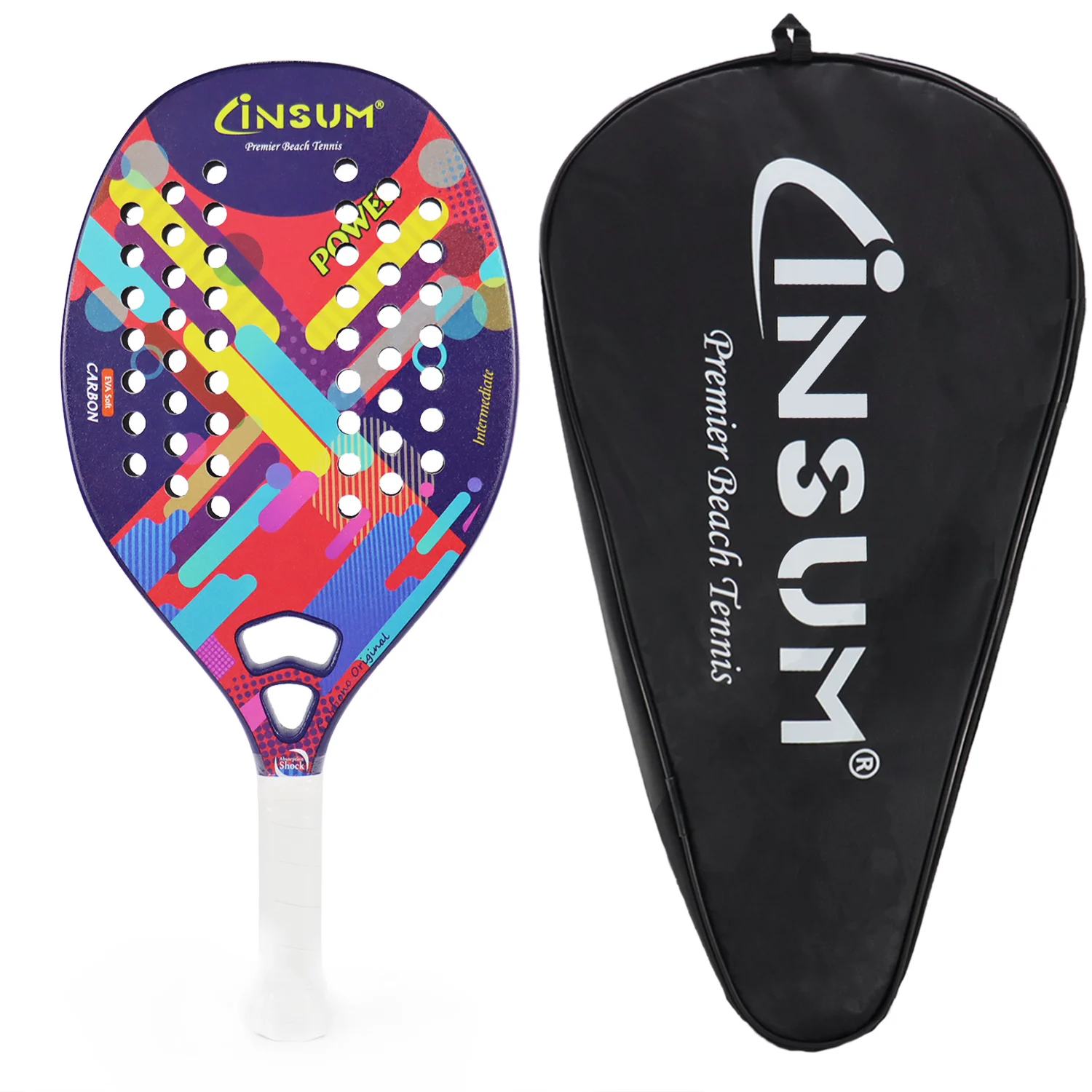 INSUM Beach Tennis Racket Carbon Fiber Surface with Sand Grit Print Lightweight EVA Soft Racquet with Bag Professional Racquet