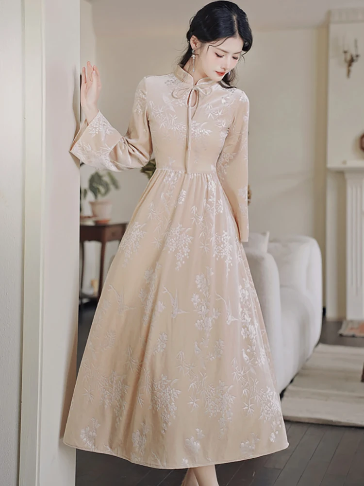 Vrouwen jacquard chique strik opstaande kraag maxi-jurk herfst winter Koreaanse vintage luxe jurk jurk 2025, elegante bodycon feestjurk