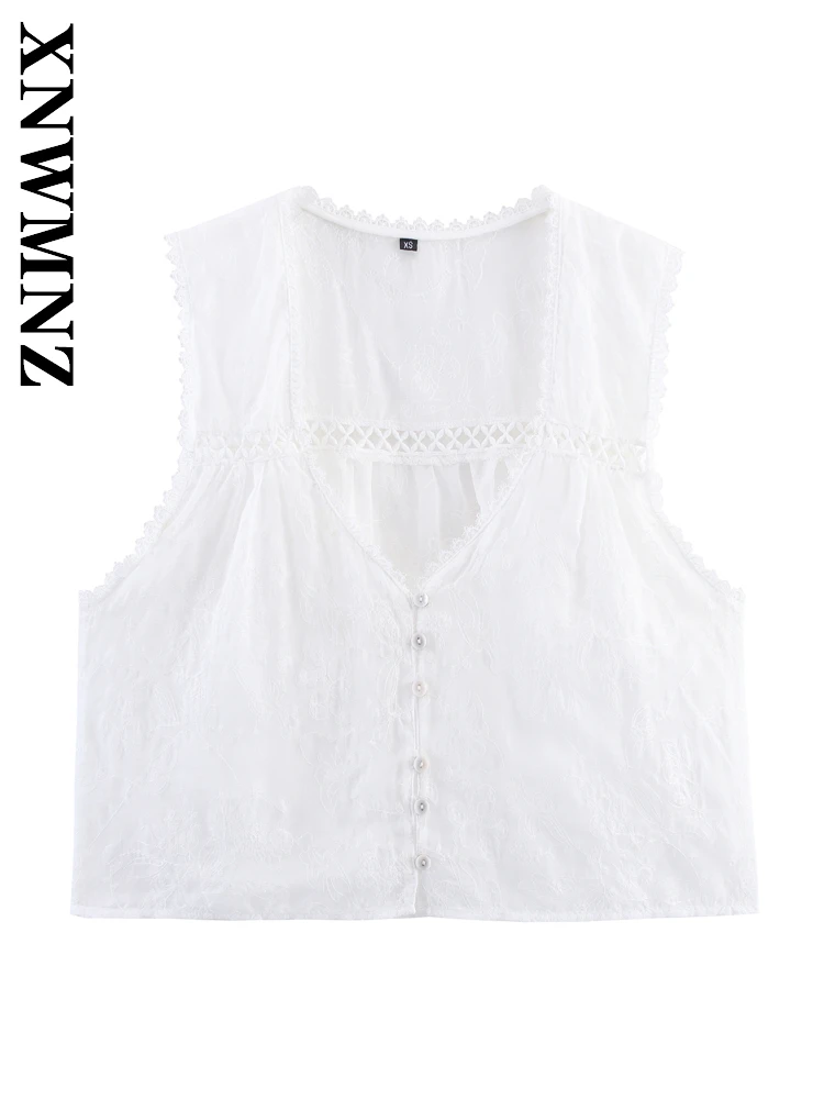 

XNWMNZ 2025 Summer New Product Lady Simple Fashion V-Collar Hollow Out Casual Women Clothing Sleeveless embroidery Shirt Vest