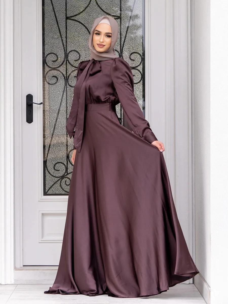 Imagem -06 - Modesto Dubai Abaya Hijab para Mulheres Robe Ramadã Islâmico Kaftan Feminino Vestidos Maxi Formais Moda Muçulmana Vestido Longo de Baile de Cetim