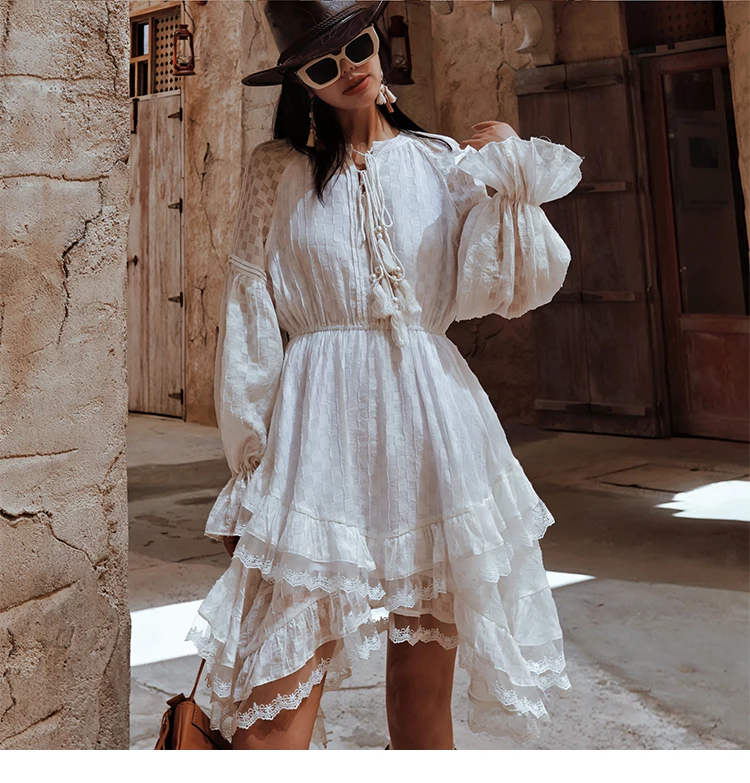 

Spring Summer White Dress For Women Elegant Slim Long Sleeve Fairy Short Lace Irregular Cake Dress vestidos