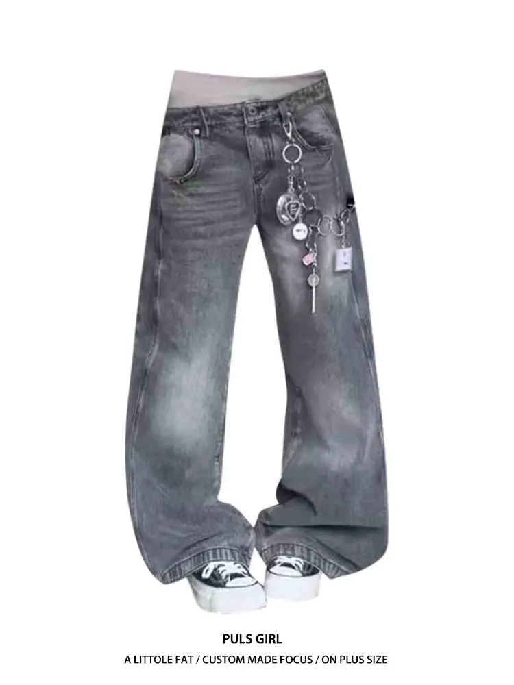 

Washed American Retro plus Size Women's Jeans High Waist Wide Leg Pants Street Style Casual Wear Four Seasons High Waist Double