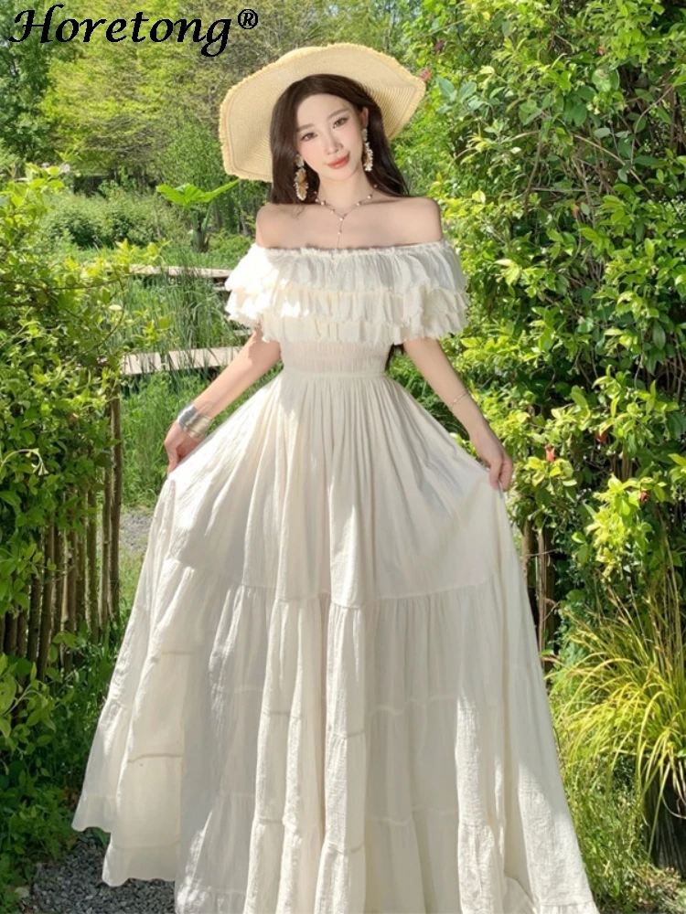 Horetong vestido francês elegante para mulheres, três camadas, borda com babados, pescoço grande, balanço, vestidos longos, novo vestido de férias de verão