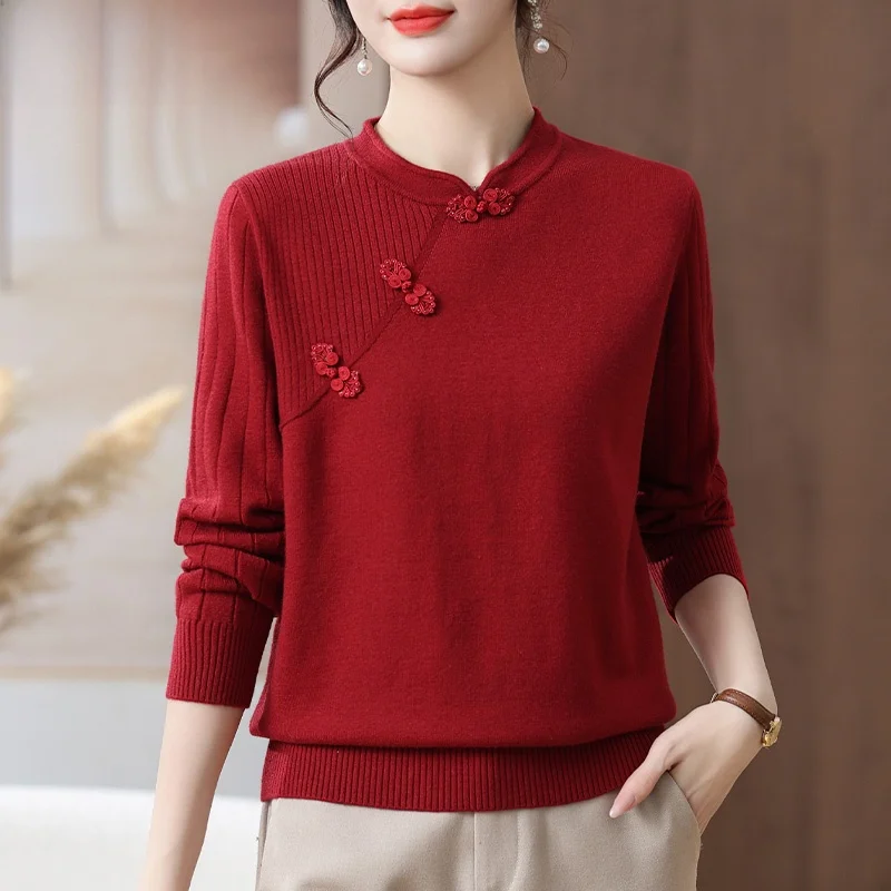 

Red Knitted Base Layer irt for Mom Autumn Faion New Chinese Sle Women's Mid-Aged And ly Long Sve T-irt