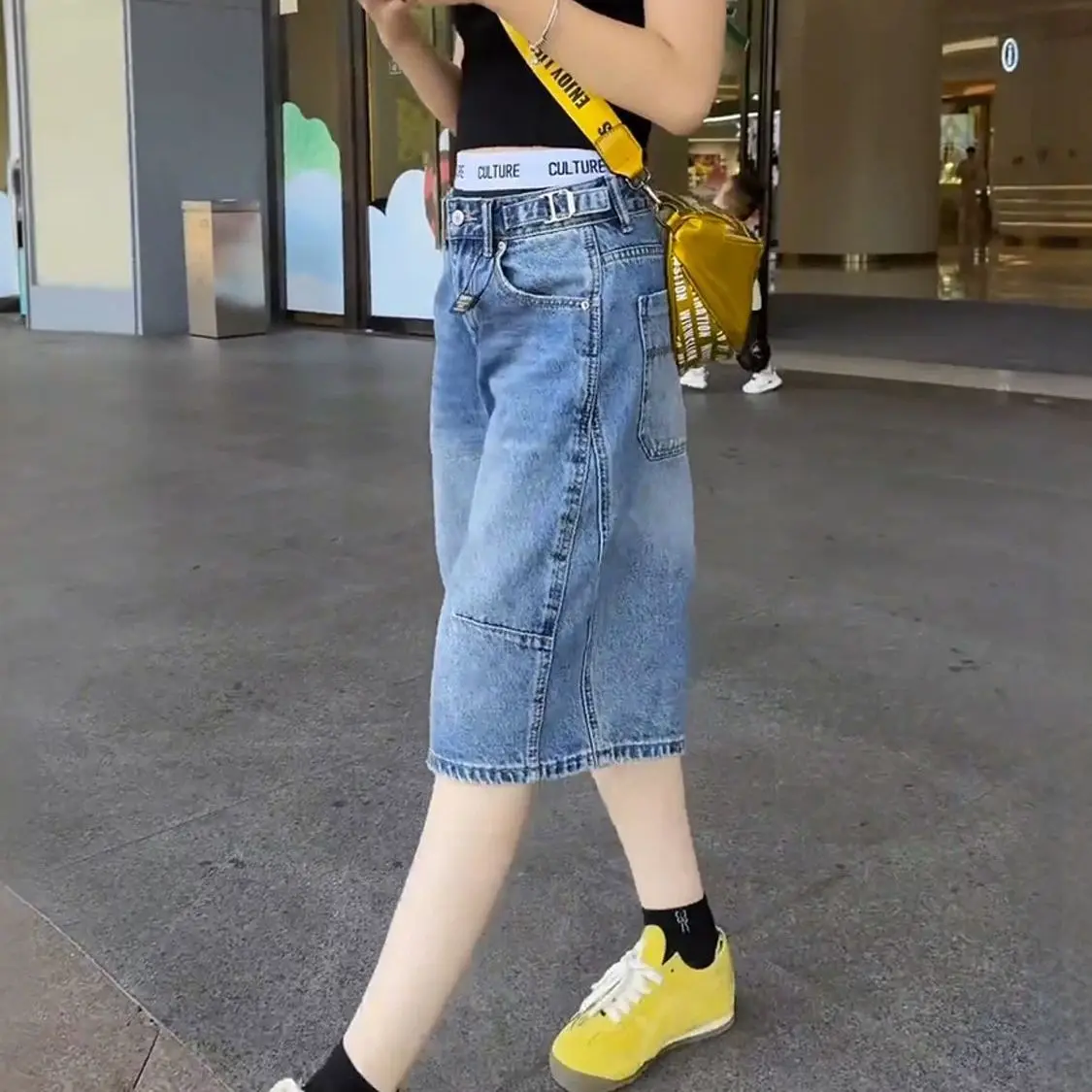 High Waist Denim Shorts Women's Summer New Casual Loose Straight Five-point Pants Ladies Fashion Blue Jeans Knee Length Pants
