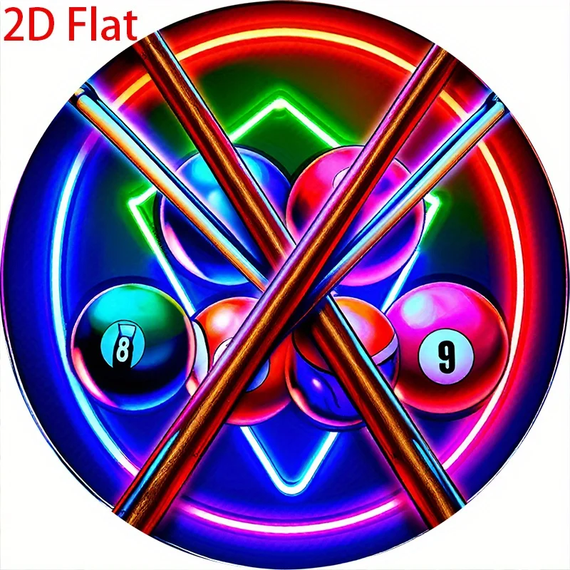Round Metal Tin Sign Pool Billiard 8 Ball Fake Neon Print Wall Decor, Non LED 2D Flat Metal Plaque For Game Room Bar Pool Hall