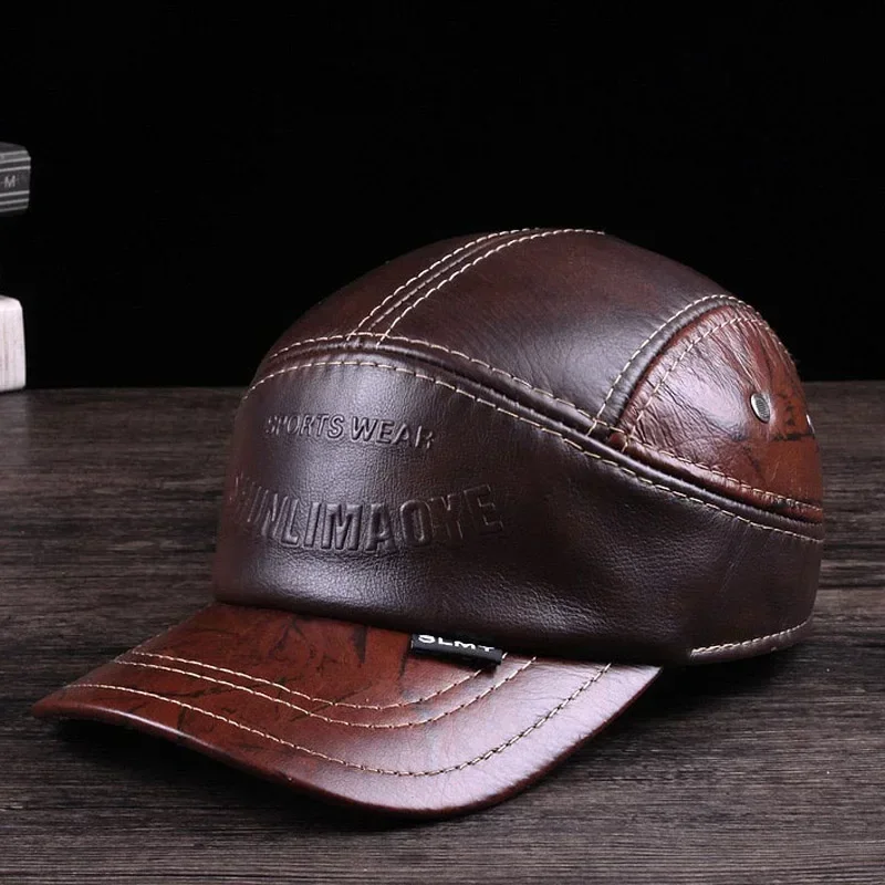 New Winter Man Genuine Leather Baseball Caps Male Casual Cowhide Belt Ear Warm 56-60 Adjustable Splice Flight Hats