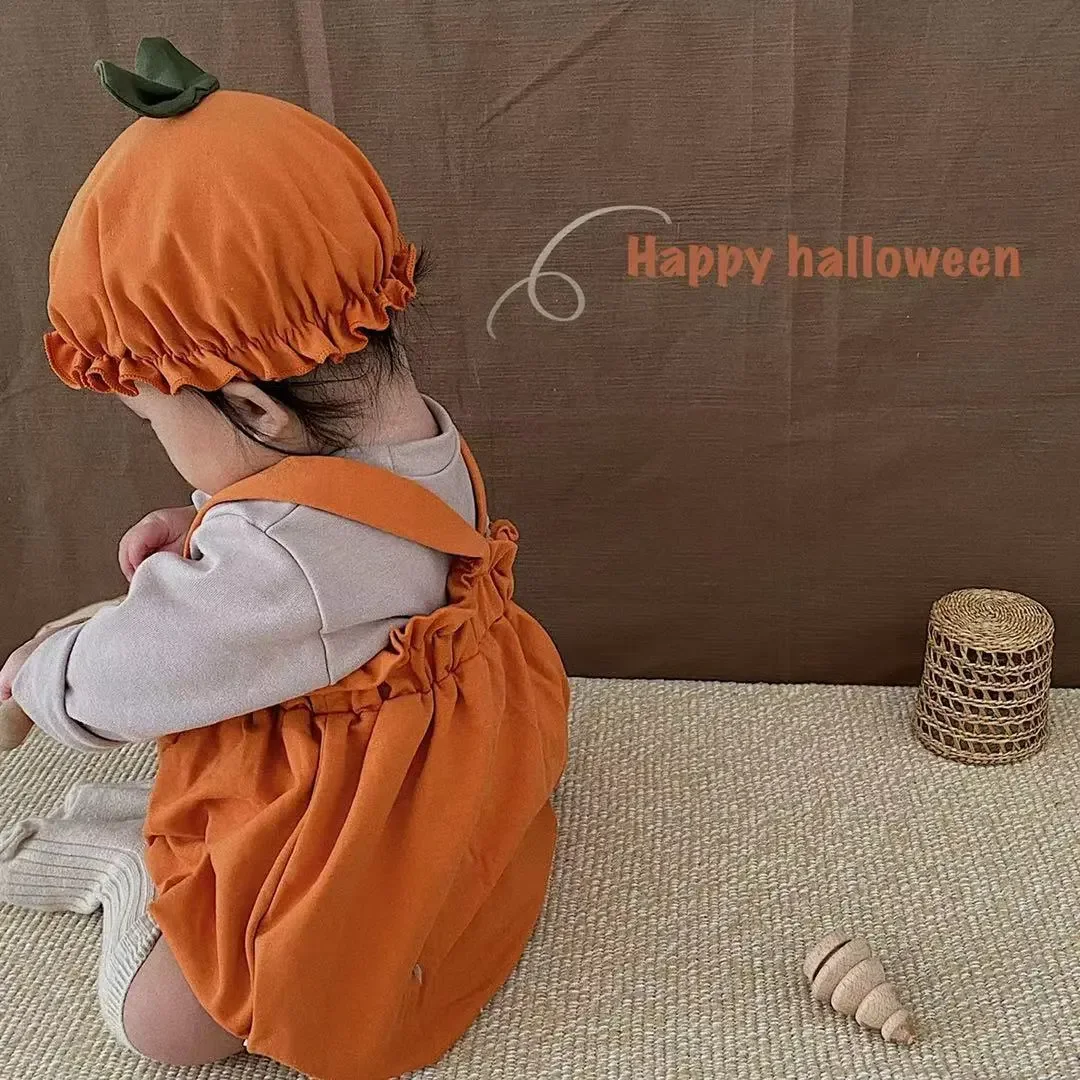 7038 Baby Clothes 2023 Autumn Hot Fashion Baby Girl's Halloween Climbing Suit Pumpkin Lantern Strap Pant+Hat